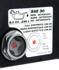 SAE 30 non-detergent oil label with capacity details and fill indicator for heavy duty two cylinder cast iron air compressor pump.