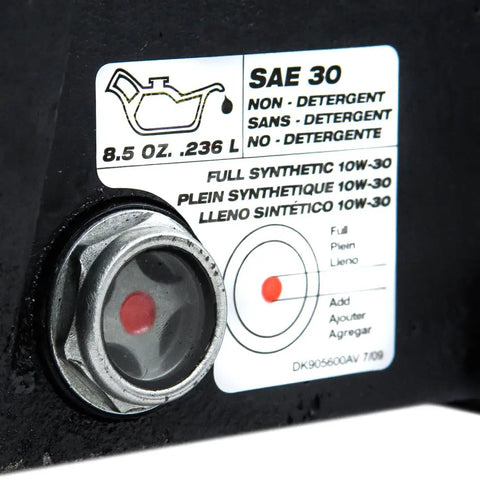 SAE 30 non-detergent oil label with capacity details and fill indicator for heavy duty two cylinder cast iron air compressor pump.