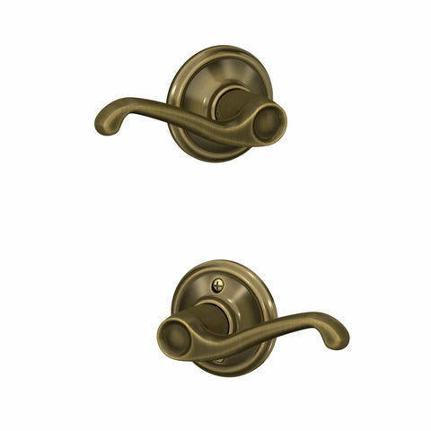 Antique Brass Hall And Closet Door Lever With Nonlocking Passage Function, Easy Install With Self Aligning Screws, shown front and back