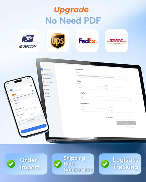 Bluetooth Thermal Label Printer For Small Biz 4x6 Wireless Label Printer With 72 Labels Per Minute app interface on phone and laptop