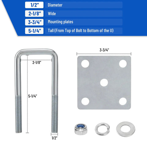Square U Bolt Kit For Trailer Leaf Springs And Boat Trailers, Heavy Duty Zinc Coated U Bolts For 2x2 Axle, diagram with dimensions