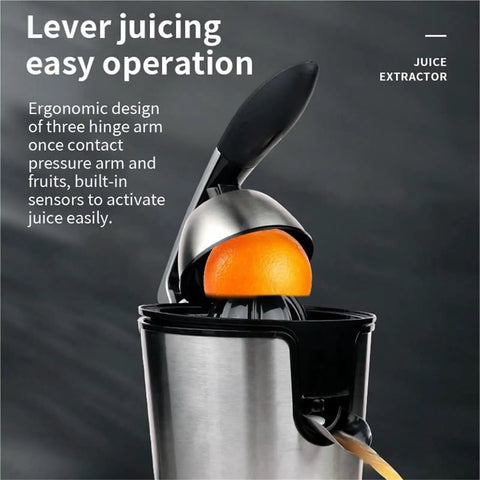 Close-up of 350W Electric Citrus Juicer With Stainless Steel durable construction squeezing an orange for juice extraction.
