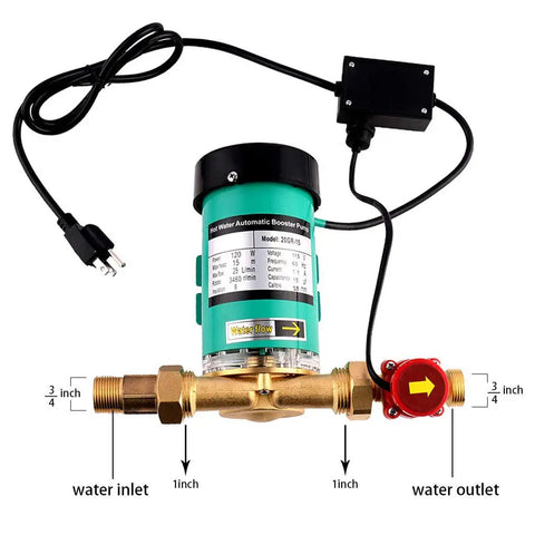 Automatic Water Pressure Booster Pump with 1 inch outlet, max head 49 ft, 7 GPM flow, 115V, brass fittings, labeled diagram