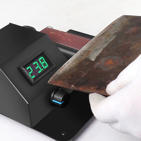 Kick Your Shop Jobs Into High Gear With This Compact Mini Belt Sander Benchtop Polisher showing digital panel and rust scraping.