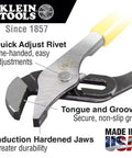 Close-up of USA-made pliers showing quick adjust rivet from 14 Piece Pro Tools Kit With Pouch And Belt For Journeyman Lineman Homeowner And Beginner To Pro Includes Built In Fish Tape Puller And Durable Pliers For On The Job Tough Tasks.