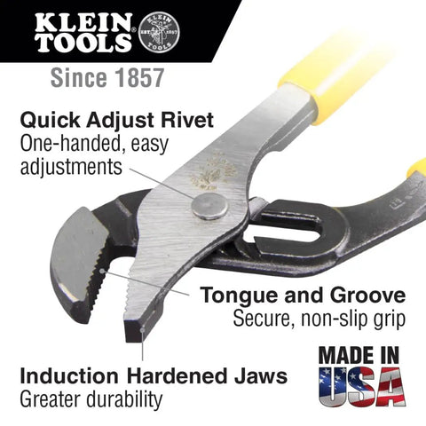 Close-up of USA-made pliers showing quick adjust rivet from 14 Piece Pro Tools Kit With Pouch And Belt For Journeyman Lineman Homeowner And Beginner To Pro Includes Built In Fish Tape Puller And Durable Pliers For On The Job Tough Tasks.