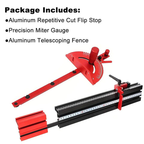 Pro Grade Precision Miter Gauge For Table Saws With Aluminum Fence And Flip Stop Heavy Duty Steel Plate Crosscut Guide For Accurate Repeats 45 Degree End Support And Stock Alignment shown with flip stop and telescoping fence