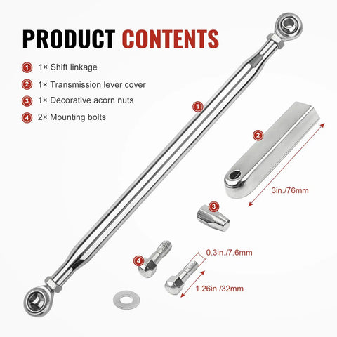 Adjustable Shifter Linkage Kit for Harley Touring Softail Dyna 1986 Through 2017 CNC Machined Gear Shift Rod for Smooth Precise Shifts and Fast Reliable Throttle Response on Beefed Up Heavy Duty Rides. chrome linkage kit with 3in cover, bolts, nuts