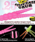 1.25-inch pink split-tail grubs from All In One Trout Fishing Lure Kit 165 Piece Set With Split Tail Grub Worms Shad Dart Jig Heads Floats And Sinkers For Creek And River Freshwater Fishing Ideal For Seasonal Trout Crappie And Panfish