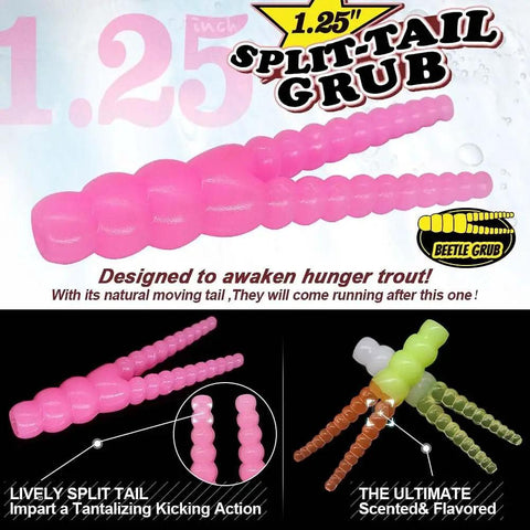 1.25-inch pink split-tail grubs from All In One Trout Fishing Lure Kit 165 Piece Set With Split Tail Grub Worms Shad Dart Jig Heads Floats And Sinkers For Creek And River Freshwater Fishing Ideal For Seasonal Trout Crappie And Panfish