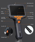 Dual Lens Endoscope With Light For Home And Auto Fixes, shown with 4.3-inch HD display, buttons, and flashlight switch, labeled diagram.