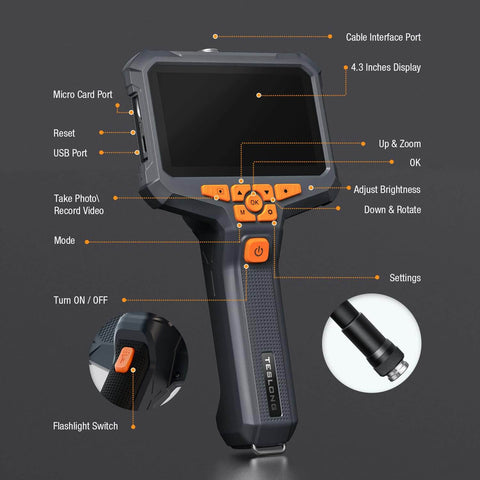 Dual Lens Endoscope With Light For Home And Auto Fixes, shown with 4.3-inch HD display, buttons, and flashlight switch, labeled diagram.