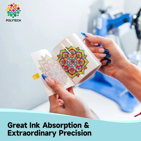 Hands holding 8.5x11 sublimation paper 100 sheets with mandala design, showcasing ink absorption and precision for crisp prints.