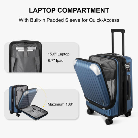 Grace Expandable 20 Inch Carry On Hard Shell Luggage with front laptop compartment open to show space for 15.6 inch devices