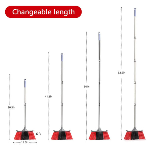Heavy Duty Long Handle Outdoor Broom 62 Inch For Tough Yard Work And Garage Cleanup Hard Bristle Sweep Brush showing adjustable lengths.