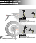 Rear wheel motorcycle stand with L-type adapters shown with bike. Supports tire widths 9.1-13 inches without obstructing exhaust pipe.