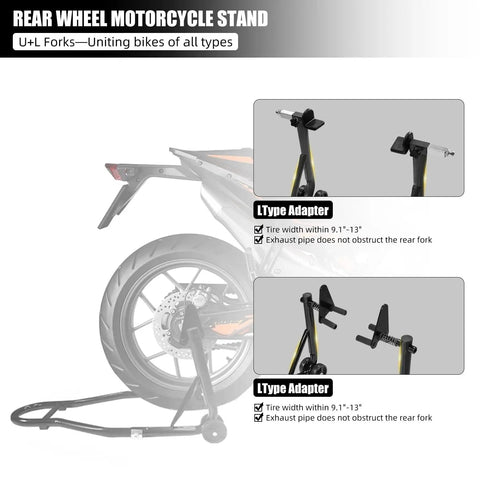 Rear wheel motorcycle stand with L-type adapters shown with bike. Supports tire widths 9.1-13 inches without obstructing exhaust pipe.