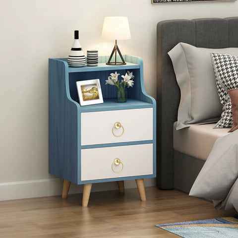 Two-drawer nightstand with Matte Gold Round Ring Cabinet Drawer Pulls Set Of 12 Zinc Alloy Single Hole Knobs in bedroom setting.