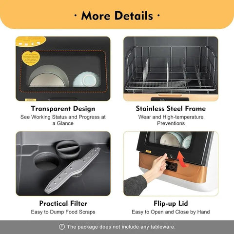 Smooth Operator Countertop Dishwasher With Heated Dry Cycle And Three Speed Wash Options delivering clean plates with transparent design and stainless steel frame.