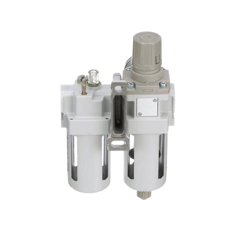 Workhorse Piggyback Half Inch NPT Air Filter Regulator Lubricator Combo with gauge, poly bowl, and metal guard bracket