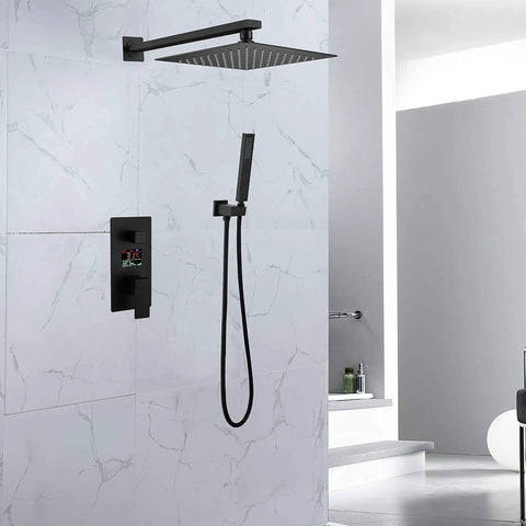 Slick Wall Mounted Rain Shower System With Digital Display And Water Powered Led Screen Black Stainless Steel with 10 Inch Shower Head.
