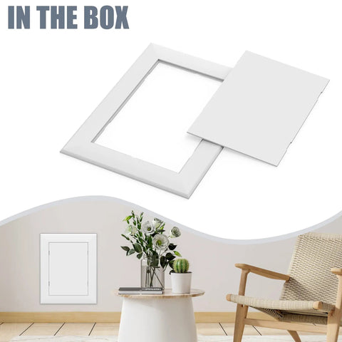 Dead Simple Self Adhesive Access Panel For Drywall Five Inch By Seven Inch Peel And Stick Wall Hole Cover shown in box.