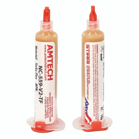 No Clean Tacky Flux For Hand Soldering Tin Lead ROL0, 10g Syringe Kit, Rosin-Based With Clear Residue, front and back view