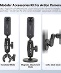 Dope Motorcycle Handlebar Magnetic Mount Kit For Action Cameras With 1/4 Inch Thread 360 Degree Rotating Ball Head Clamp Durable GoPro And Insta360 Mounts Works With X3 X4 X5 And GoPro Hero 13 12 11 10 9 8 showing handlebar, magnetic, and selfie stick modes.