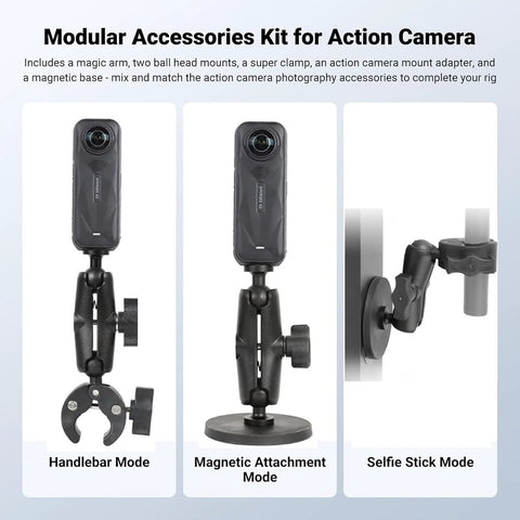 Dope Motorcycle Handlebar Magnetic Mount Kit For Action Cameras With 1/4 Inch Thread 360 Degree Rotating Ball Head Clamp Durable GoPro And Insta360 Mounts Works With X3 X4 X5 And GoPro Hero 13 12 11 10 9 8 showing handlebar, magnetic, and selfie stick modes.