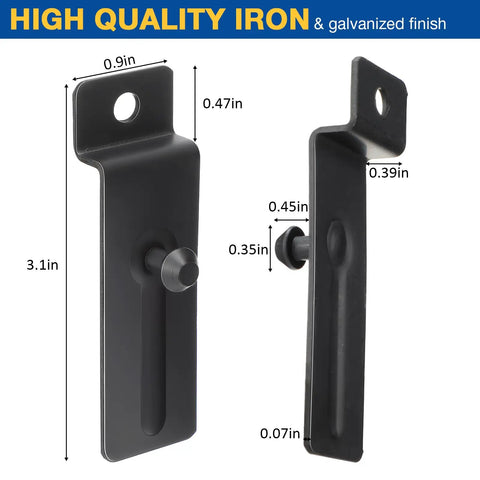 Side view of 30 Pcs Metal Slatwall Hooks, 3 Inch Notch Hooks, Built Tough Heavy Duty Commercial Grade For Slatwall, Pegboard And Picture Frames Displays, Hang Photos, Art, Frames And Accessories, Black Finish, showing dimensions and iron material with a galvanized finish.