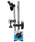 Front view of dial indicator with magnetic base holder; chrome arms, black knobs, blue base label.