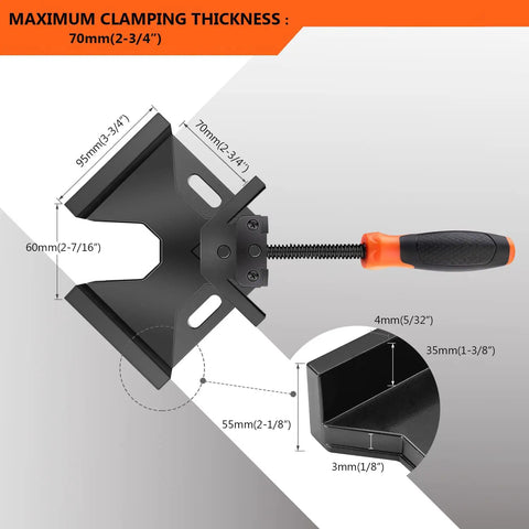 Two Piece Corner Clamp Set for Woodworking with dimensions, aluminum alloy frame, right angle 90 degree jaws, adjustable swing jaw.