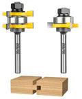 Rock Solid T Shape Tongue And Groove Router Bit Set One Quarter Inch Shank detail with two carbide bits and wood joints.