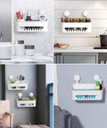 Collage of Shower Caddy No Drilling Suction Cup Organizer Removable Heavy Duty Shelf Holds Up To 22 Lbs Waterproof Bathroom And Kitchen Storage Basket For Shampoo And Toiletries in various settings