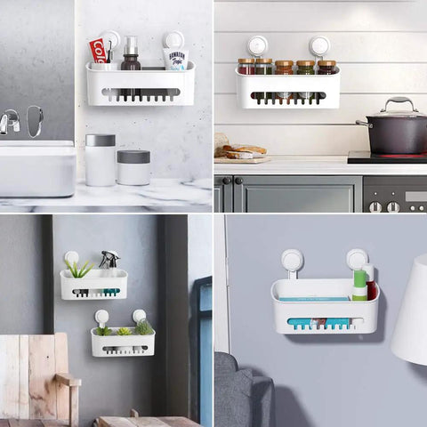 Collage of Shower Caddy No Drilling Suction Cup Organizer Removable Heavy Duty Shelf Holds Up To 22 Lbs Waterproof Bathroom And Kitchen Storage Basket For Shampoo And Toiletries in various settings