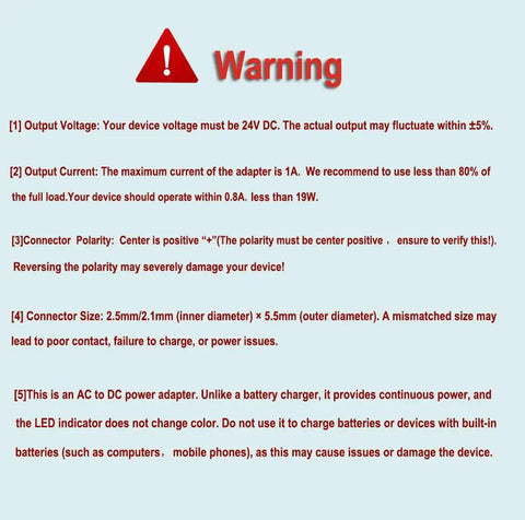 Warning sign detailing specifications and precautions for Budget Friendly 24V DC 1A Power Supply Adapter For LED Strips And CCTV Cameras.