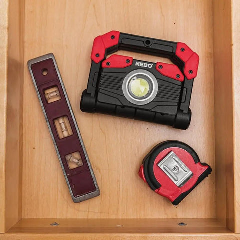 Omni 2K Rechargeable Work Light With 2000 Lumens Six Light Modes Rotating Magnetic Handles Built In Power Bank in toolbox