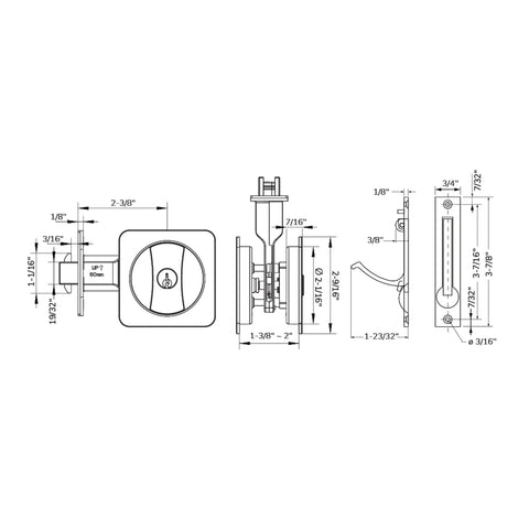 Technical drawing of Contemporary Privacy Pocket Door Lock Kit With Square Flush Pulls Satin Nickel Finish Color Coded Indicators