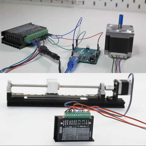 Front view of a TB6600 4A driver module connected to an Arduino-style controller and a NEMA stepper motor with Dupont cables.