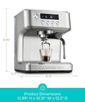 Pro Level 20 Bar Espresso Maker With Rapid Flashheat Brewing Fast Steam Wand For Silky Milk Drinks Zero Fuss Countertop Coffee Setup shown brewing espresso in glass.