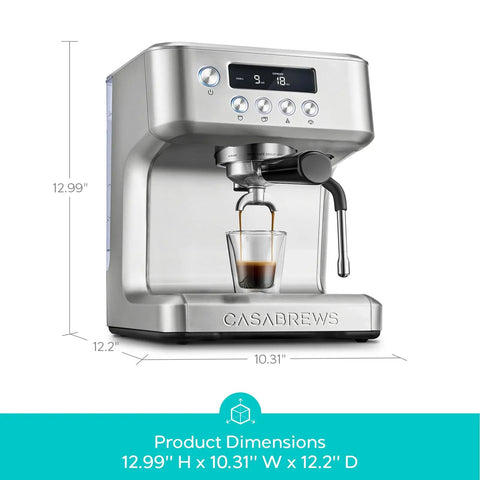 Pro Level 20 Bar Espresso Maker With Rapid Flashheat Brewing Fast Steam Wand For Silky Milk Drinks Zero Fuss Countertop Coffee Setup shown brewing espresso in glass.