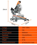 Professional Grade 10 Inch Sliding Compound Miter Saw Fueled By A Boss 15 Amp Motor sidelong view with measurements.