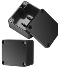Built Tough Abs Plastic Electrical Junction Box Set Of Six IP65 Water Resistant Power Housing For Smooth Diy Projects And Circuit Assembly 2.5 X 2.3 X 1.4 Inches, showing black enclosure with screws.