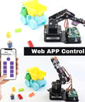 SIYEENOVE ESP32 smart robot arm kit with 4DOF, black arm on control PCB; colorful toy truck and smartphone UI.
