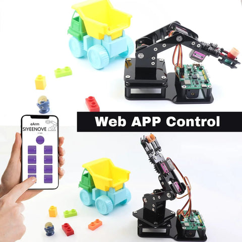 SIYEENOVE ESP32 smart robot arm kit with 4DOF, black arm on control PCB; colorful toy truck and smartphone UI.