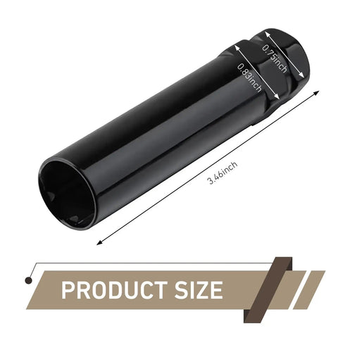 Six Spline Lug Nut Socket Kit With Three Quarters Inch And Thirteen Sixteenths Inch Hex, black CR-V alloy, product size dimensions shown