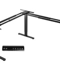 VIVO Electric L Shaped Standing Desk Frame With Height Adjustment For Corner Corner Corner Setup showing black steel frame and controller.