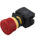 Self Locking Push Button Stop Switch 1NO 125V 250V 18A 12A For Industrial Machinery And Control Panels Black Red 80x50x50mm front view