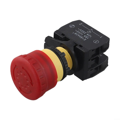 Self Locking Push Button Stop Switch 1NO 125V 250V 18A 12A For Industrial Machinery And Control Panels Black Red 80x50x50mm front view