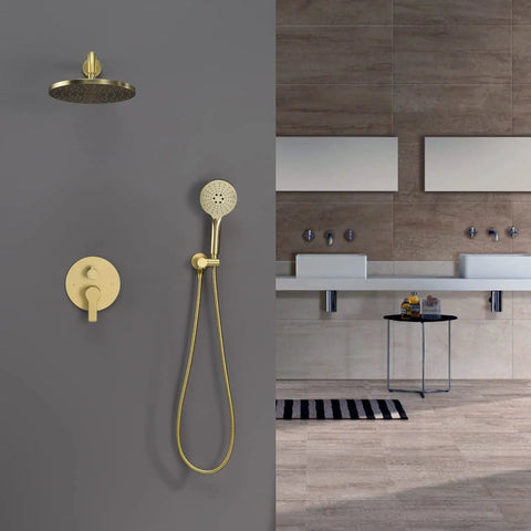 Slick Brushed Gold Rainfall Shower Head System With Concealed Wall Mount Mixer Valve And Heavy Duty Brass Plumbing Arm Stainless Steel Hose Handheld Setup For Knockout Bathroom Revamps